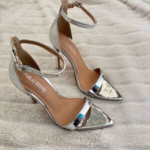 Public Desire Silver Stiletto High Heels with Ankle Strap Size 7